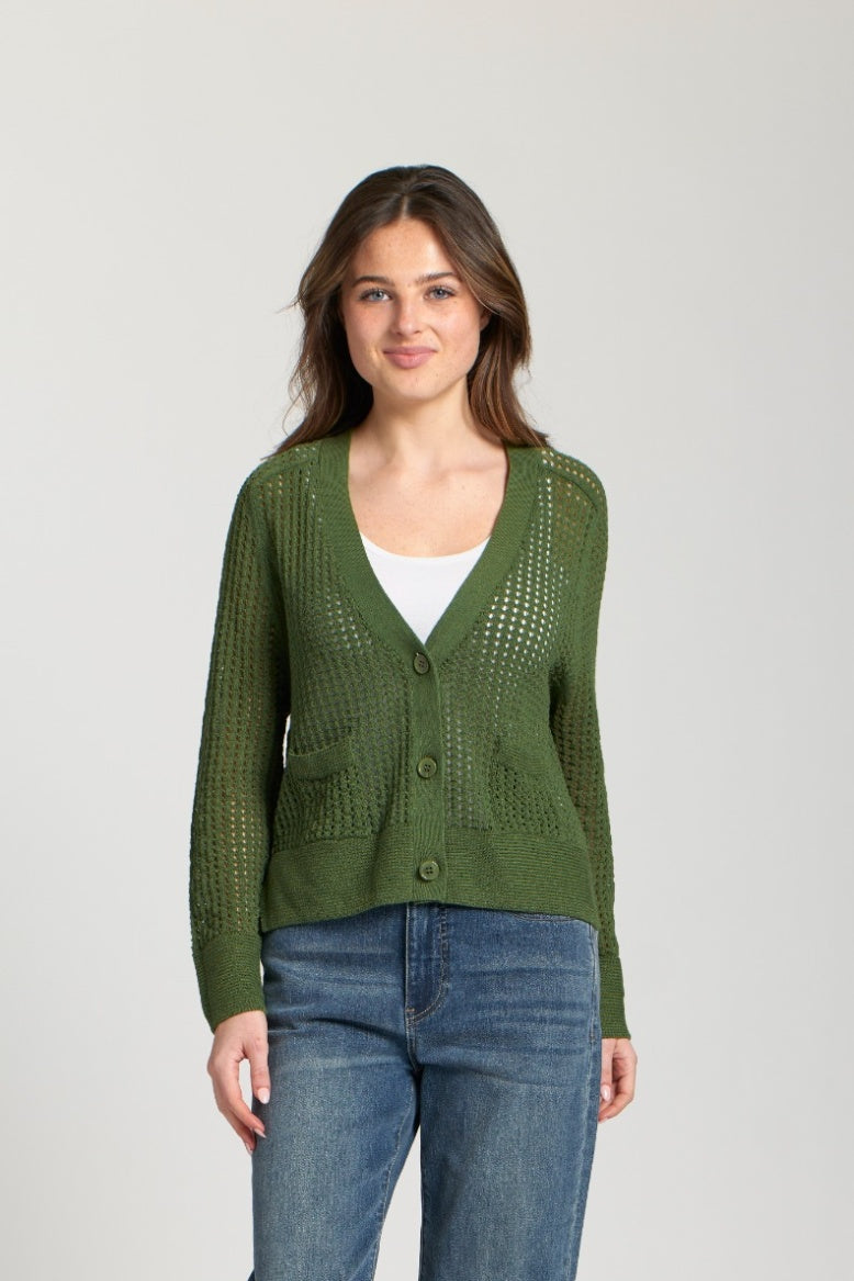 APNY Cropped Open Knit Cardi Olive 1