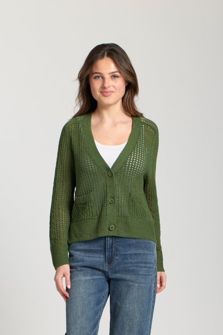 APNY Cropped Open Knit Cardi Olive 1