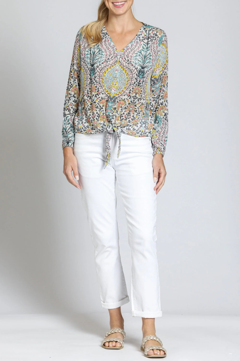 Tie Front Top - Green Multi 2