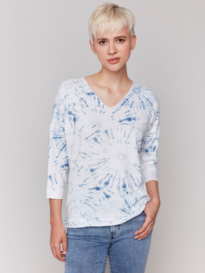 Charlie B Printed V-Neck Knit Top - Denim 1