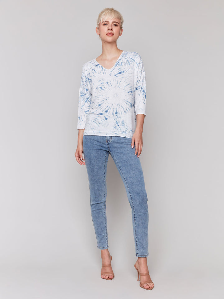 Charlie B Printed V-Neck Knit Top - Denim 2