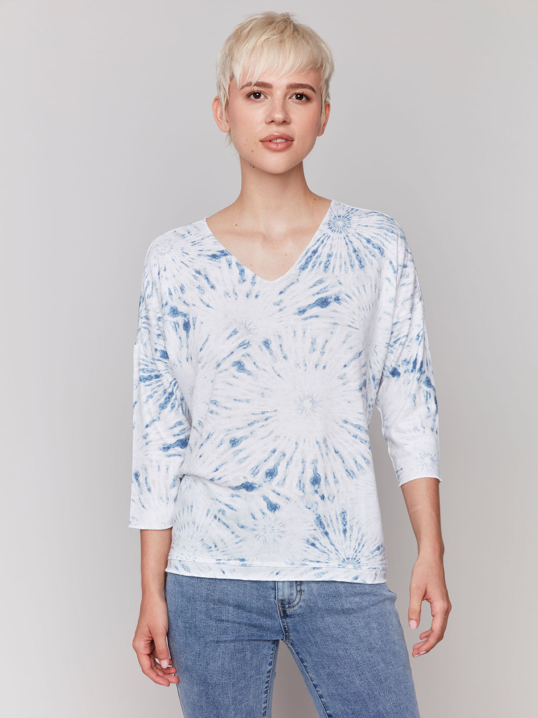 Charlie B Printed V-Neck Knit Top - Denim 3