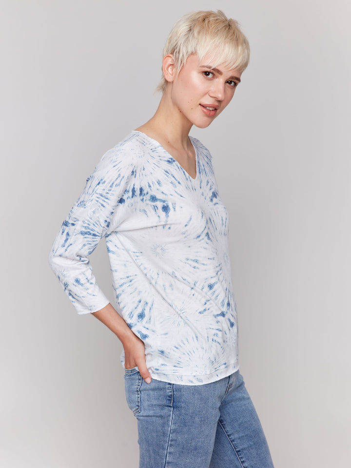 Charlie B Printed V-Neck Knit Top - Denim 4