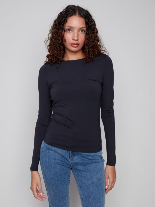 Charlie B Long Sleeve "Second-Skin" Double Cloth Knit Top Black 1