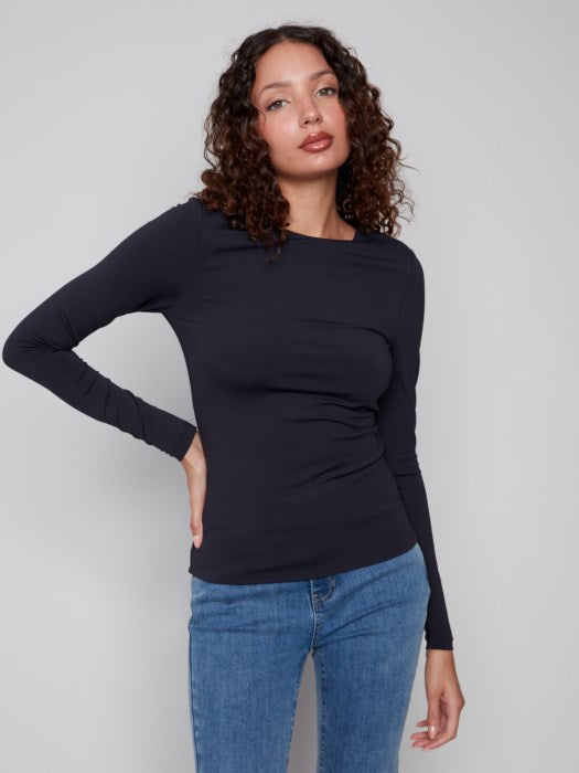 Charlie B Long Sleeve "Second-Skin" Double Cloth Knit Top Black 3