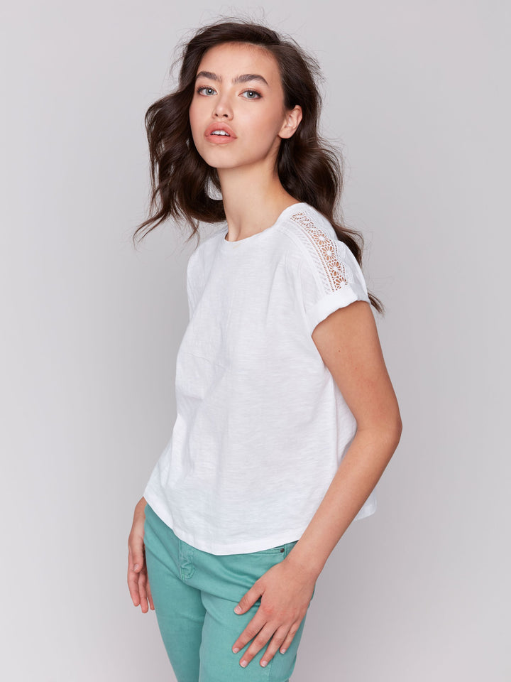 Charlie B Drop Shoulder T-Shirt with Lace Detail - White 1
