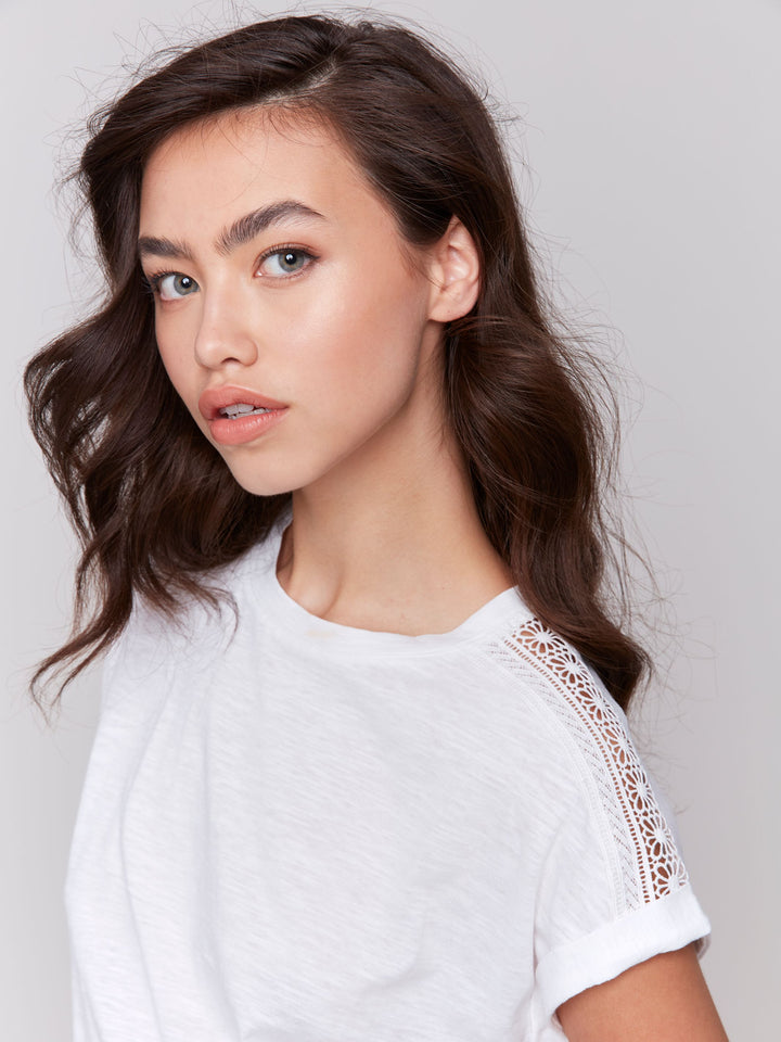 Charlie B Drop Shoulder T-Shirt with Lace Detail - White 3