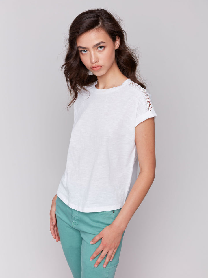 Charlie B Drop Shoulder T-Shirt with Lace Detail - White 5
