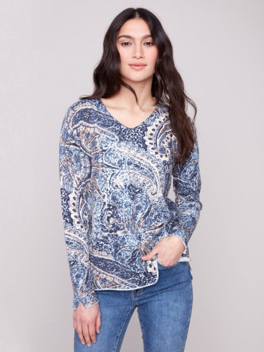 Charlie B Printed Plushy Yarn V-Neck Sweater Bohemian 1