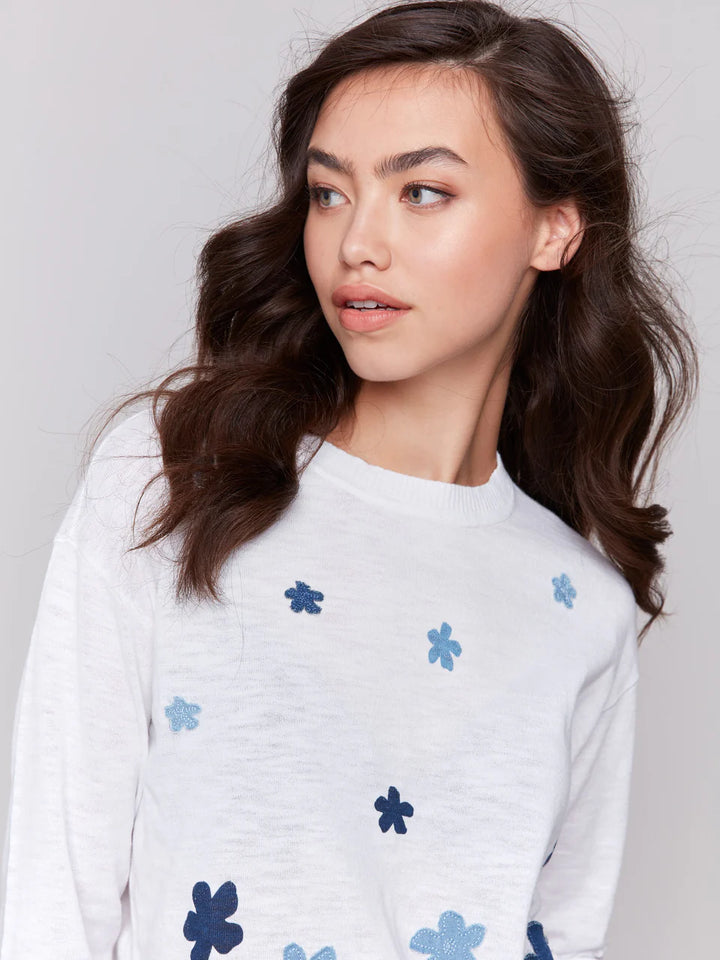 Floral Denim Patch Cotton Sweater - Patches 4