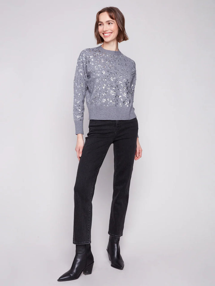 Charlie B Sequined Crew Neck Sweater Dark Heather Grey 4
