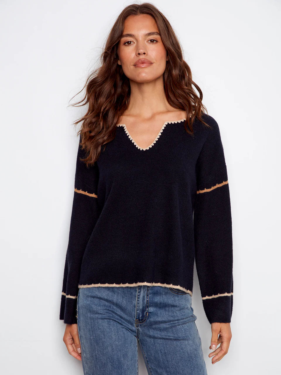 Charlie B Embroidered Ribbed Sweater With Notch Neck - Navy 1