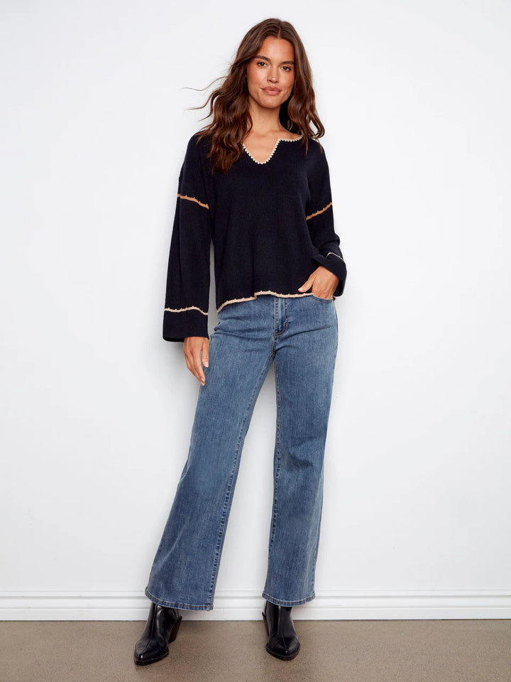Charlie B Embroidered Ribbed Sweater With Notch Neck - Navy 2