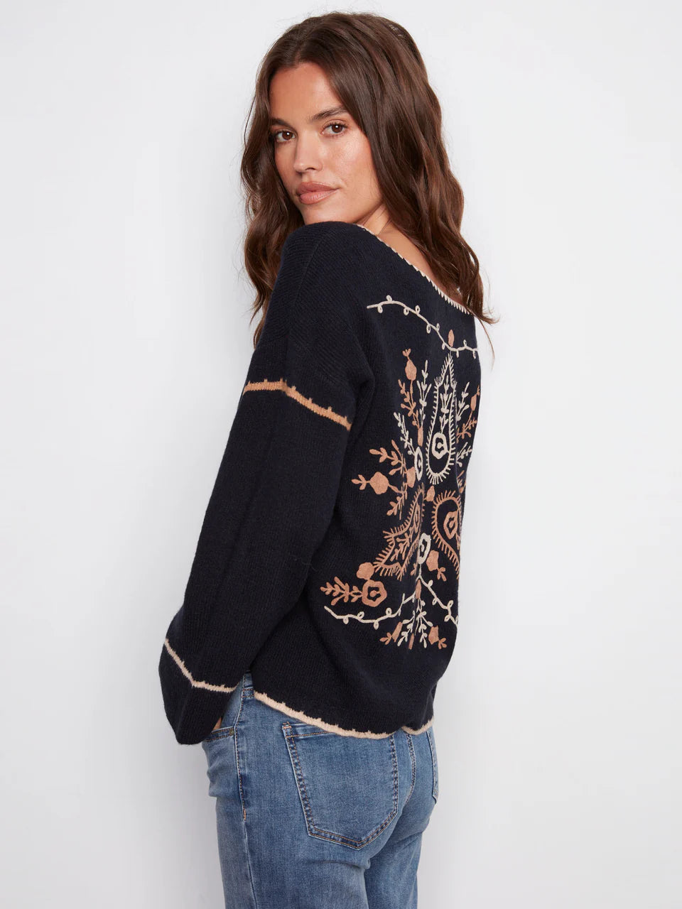 Charlie B Embroidered Ribbed Sweater With Notch Neck - Navy 3