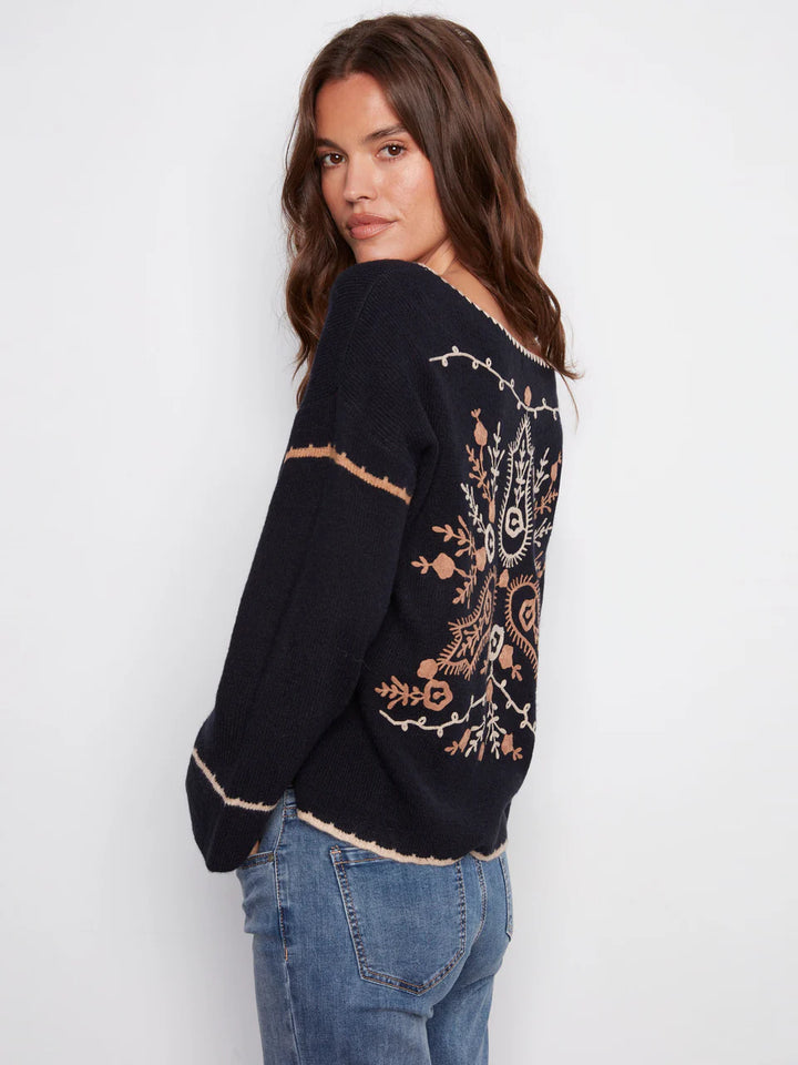 Charlie B Embroidered Ribbed Sweater With Notch Neck - Navy 3