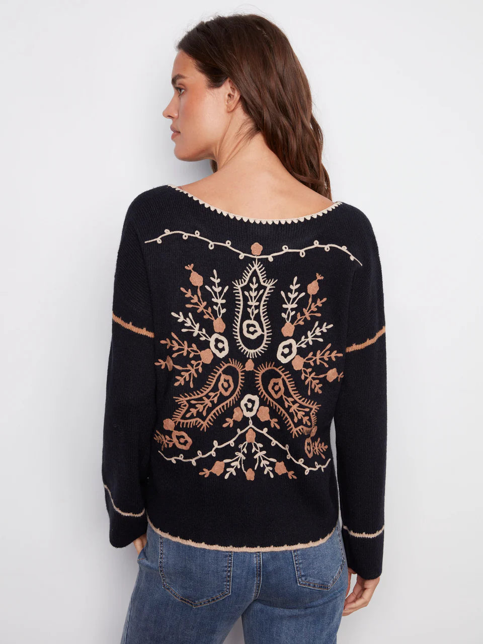 Charlie B Embroidered Ribbed Sweater With Notch Neck - Navy 5