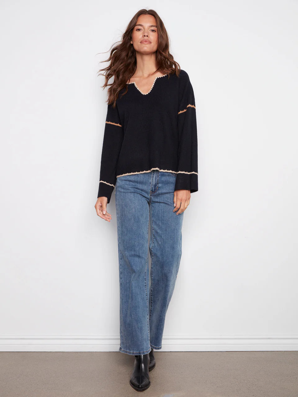 Charlie B Embroidered Ribbed Sweater With Notch Neck - Navy 6