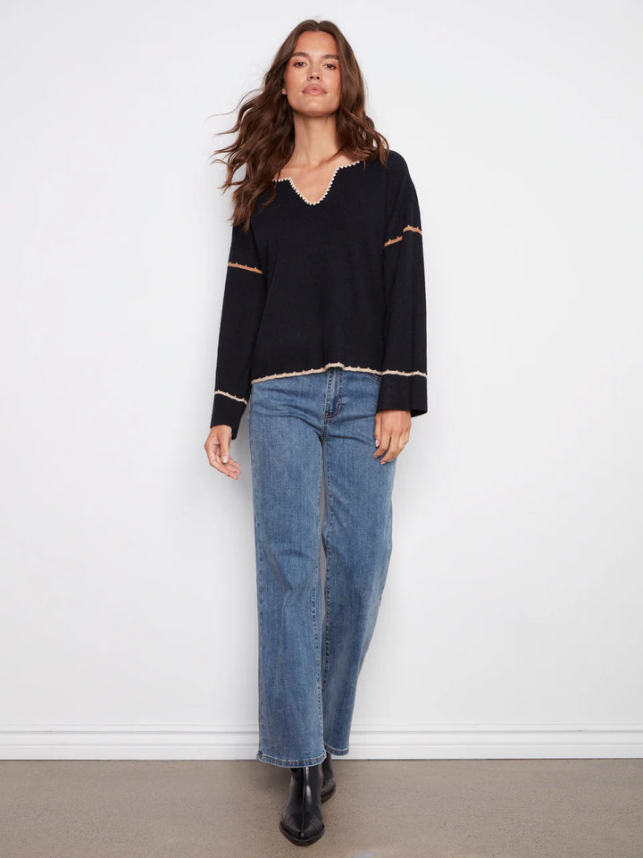 Charlie B Embroidered Ribbed Sweater With Notch Neck - Navy 6