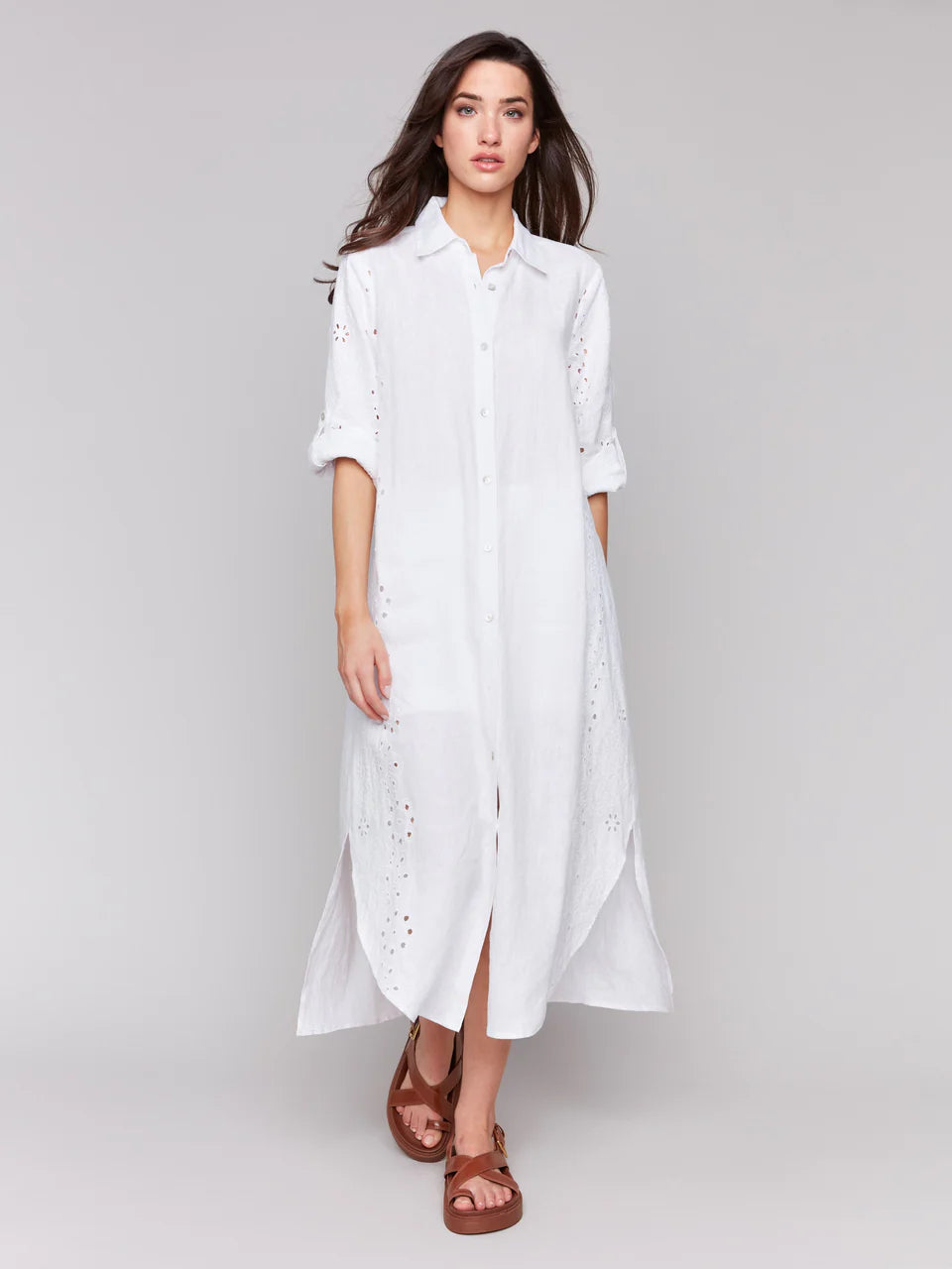 Eyelet Embroidery Cotton-Linen Tunic Dress - White 1