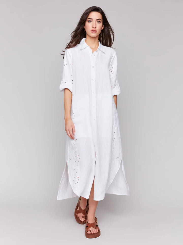 Eyelet Embroidery Cotton-Linen Tunic Dress - White 1
