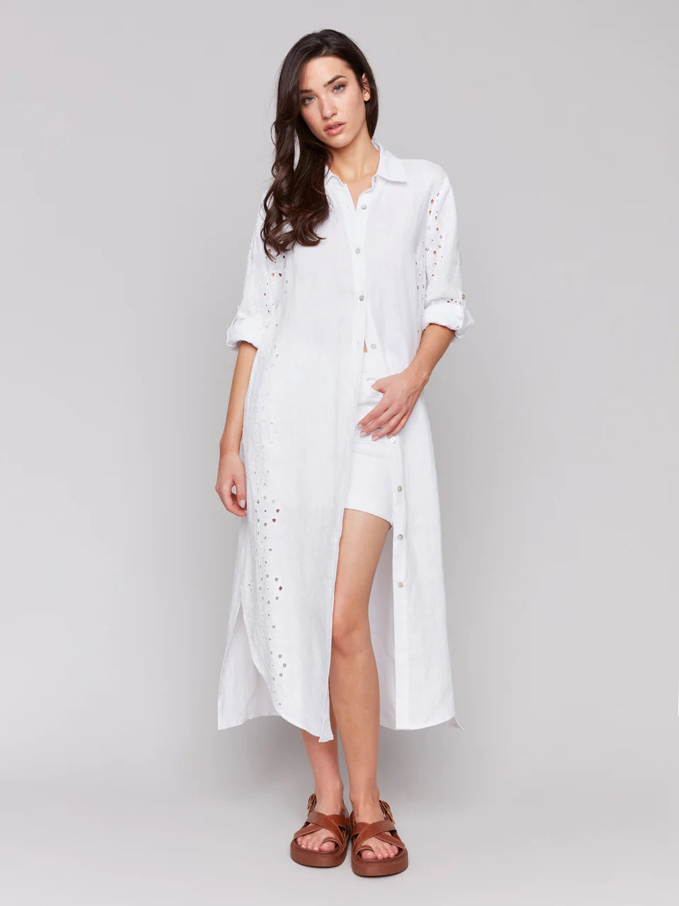 Eyelet Embroidery Cotton-Linen Tunic Dress - White 2