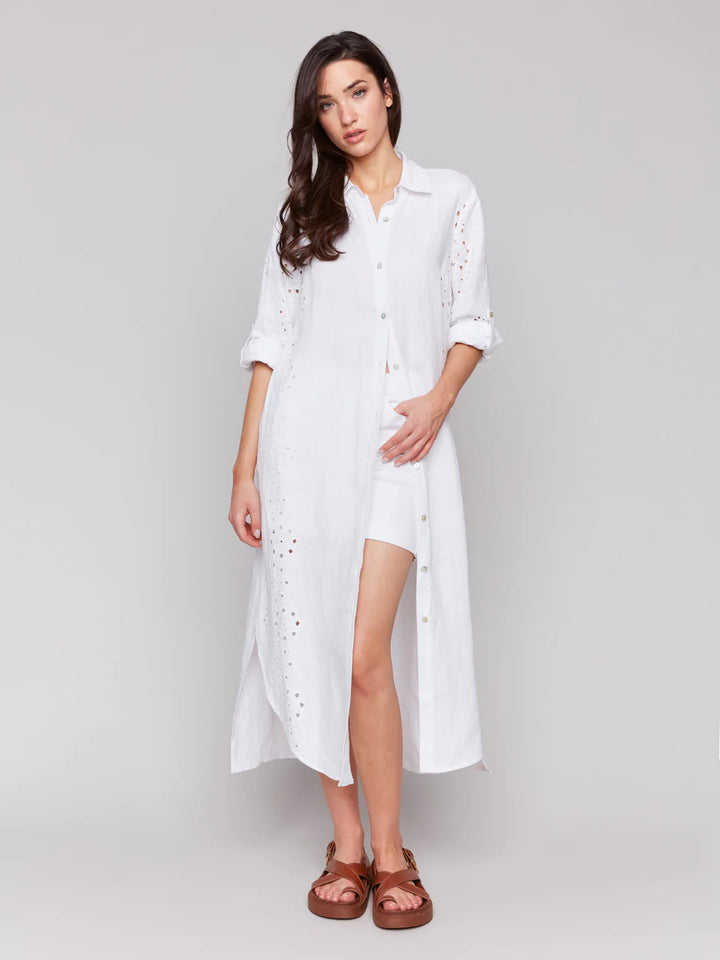 Eyelet Embroidery Cotton-Linen Tunic Dress - White 2