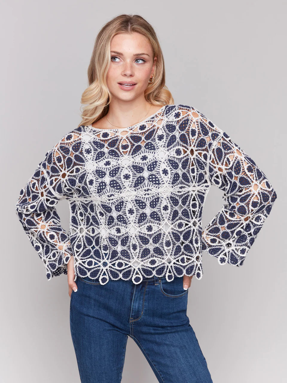 Cotton Blend Crochet Top - Denim 3