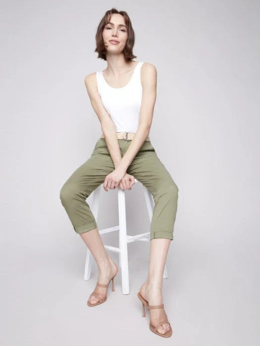 Slim Fit Pants with Belt Celadon