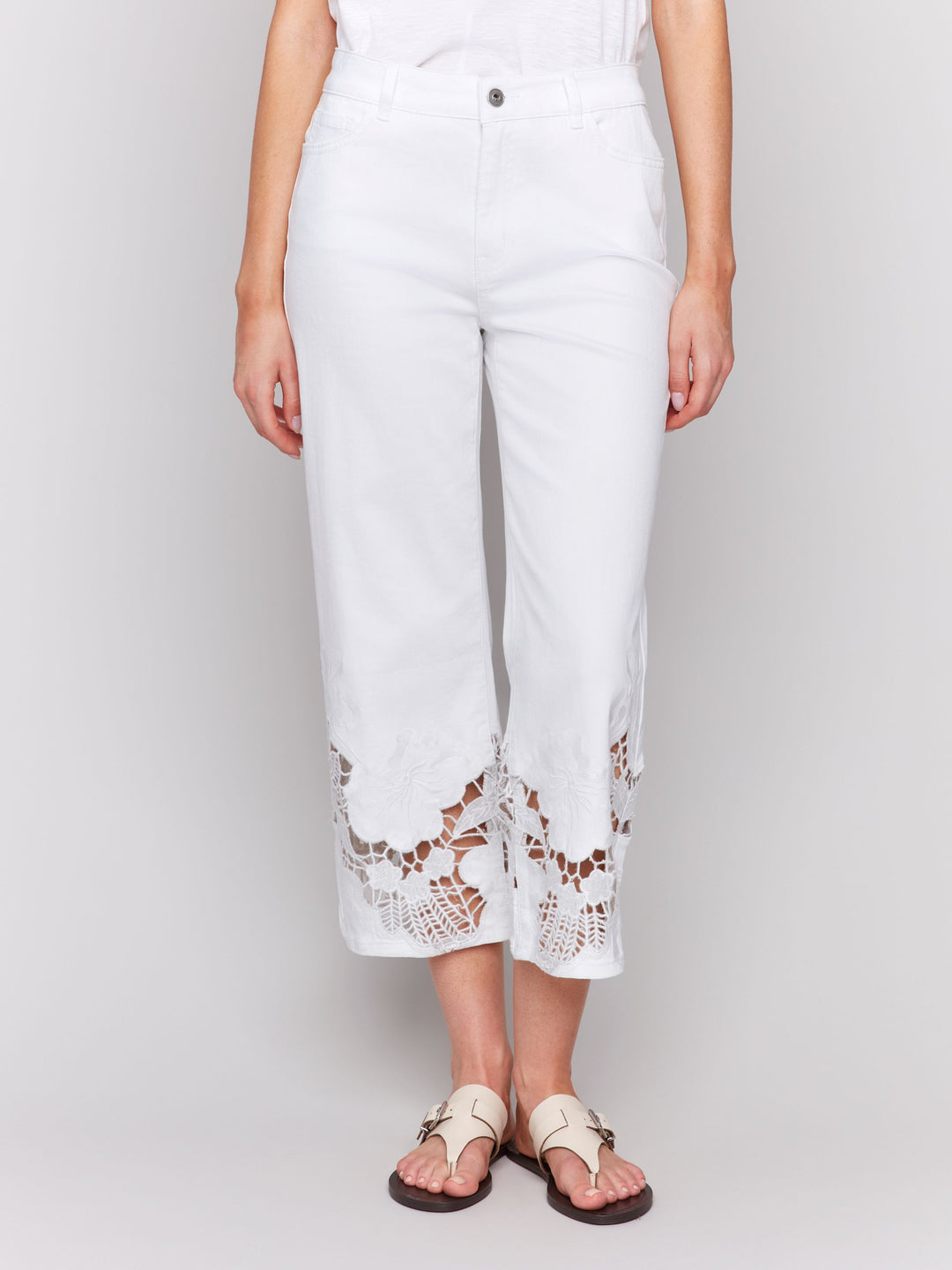 Crop Flare Leg Jeans with Laser Cut Lace Hem 1