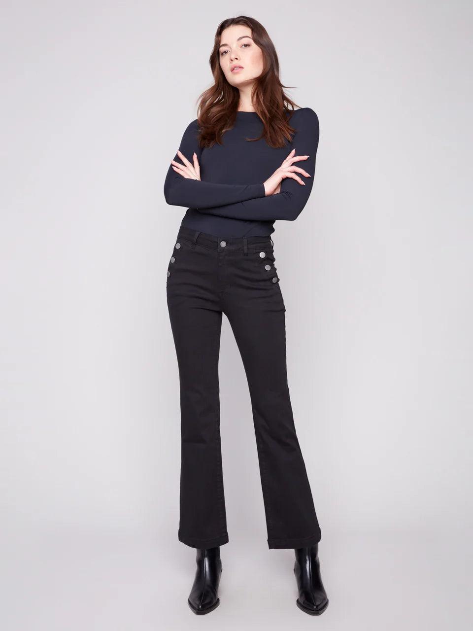 Charlie B Flare Leg Stretch Twill Pants With Buttons 1