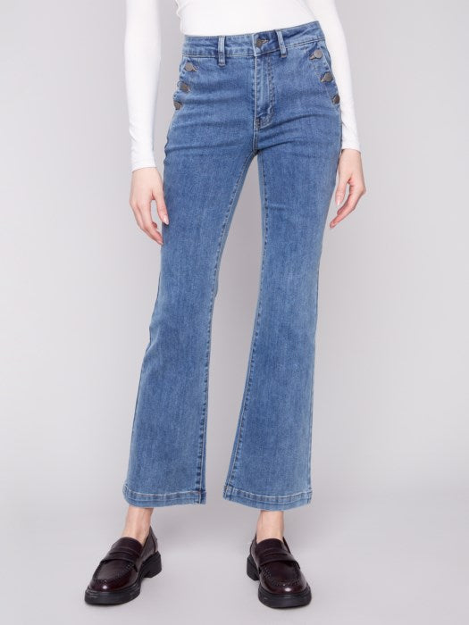 Charlie B Flare Leg Stretch Denim Pants With Buttons At Side Pockets 2