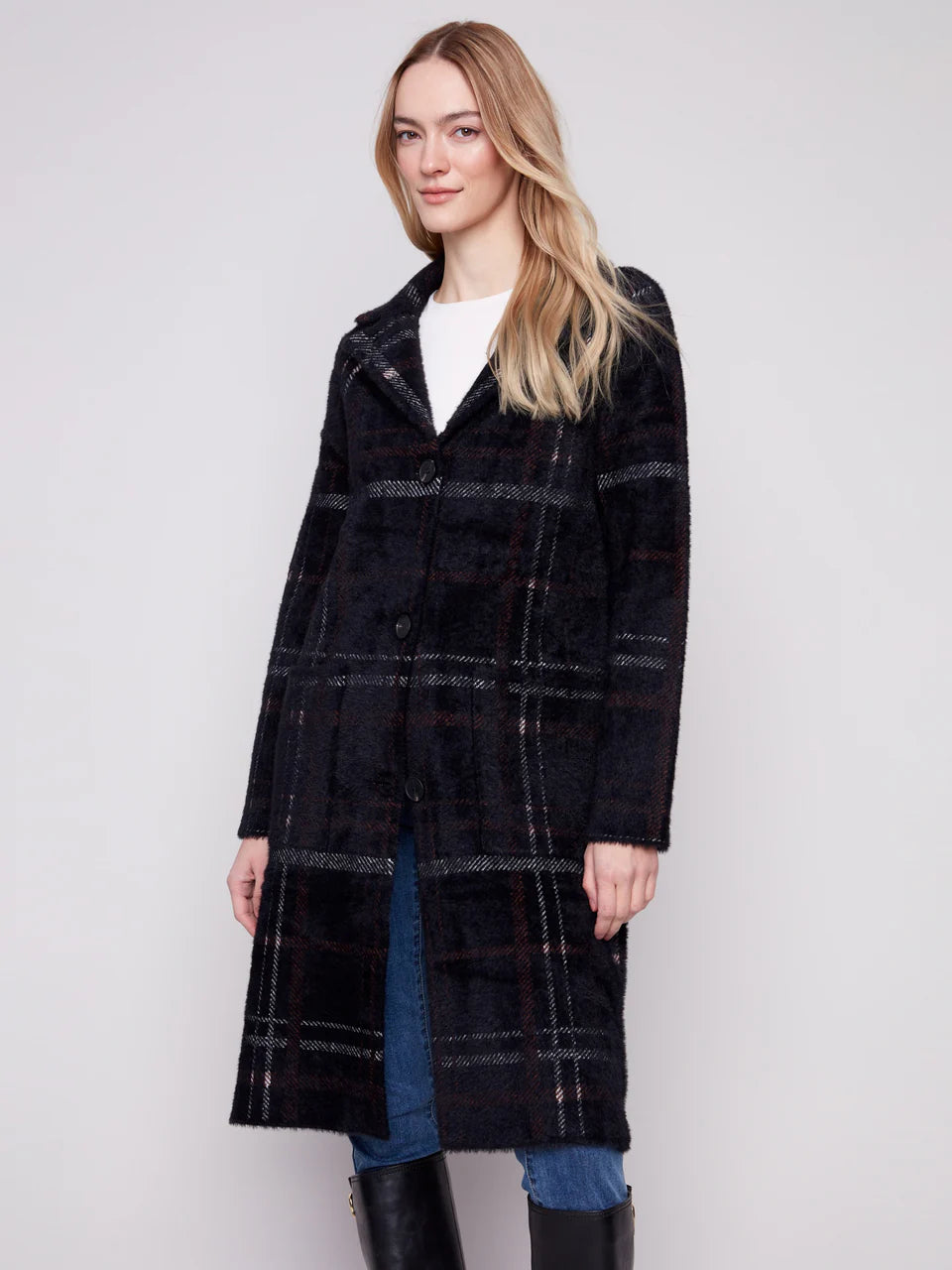 Charlie B Long Plaid Knit Coatigan - Mocha 1