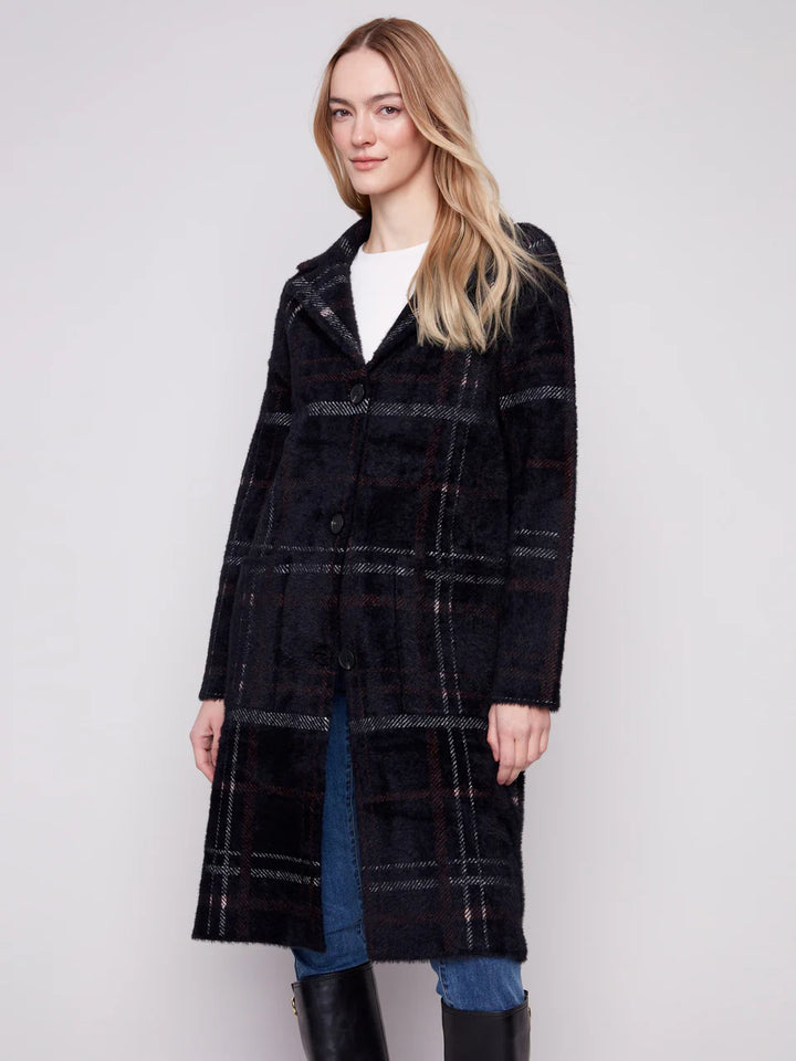 Charlie B Long Plaid Knit Coatigan - Mocha 1