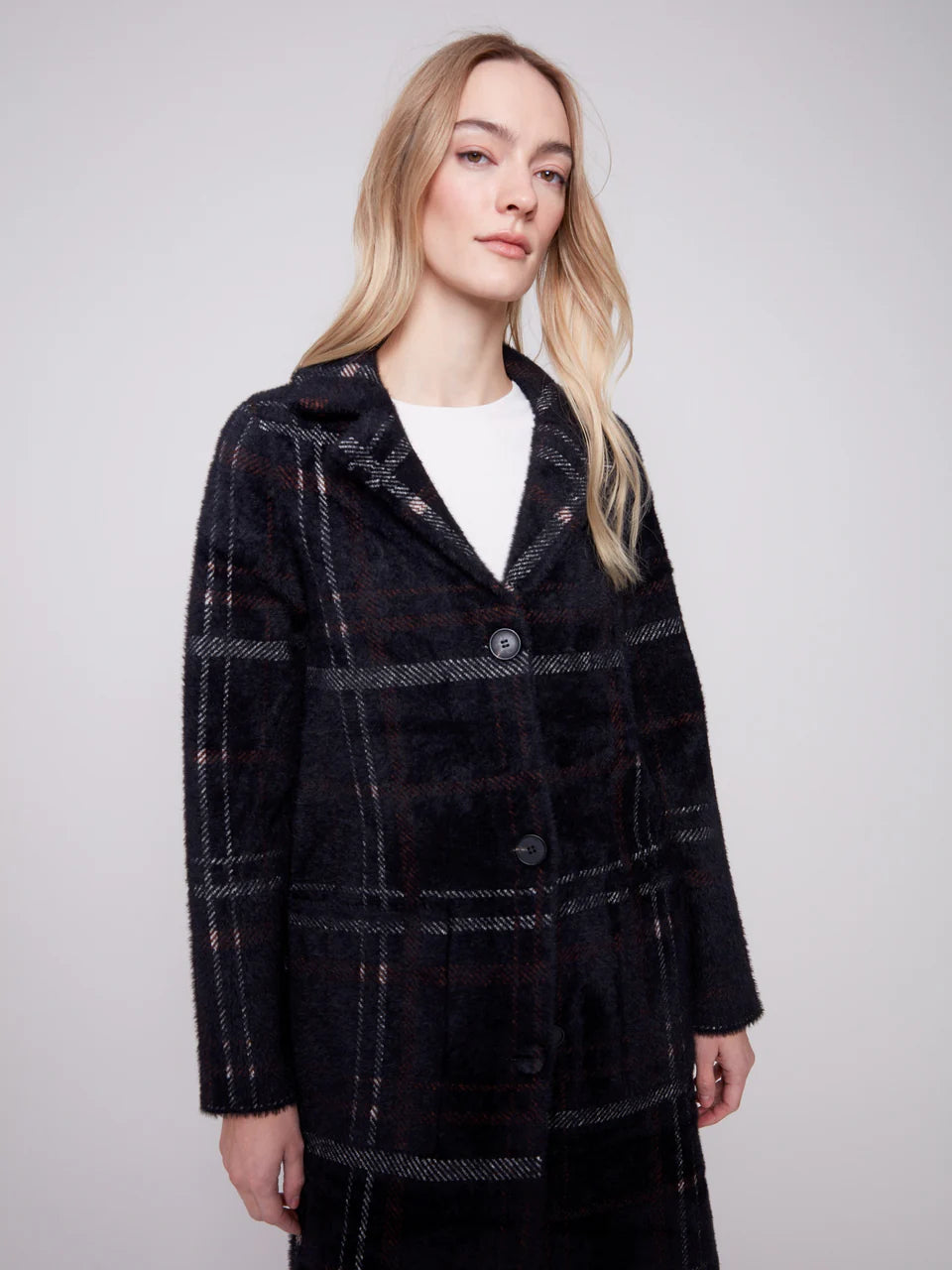 Charlie B Long Plaid Knit Coatigan - Mocha 2