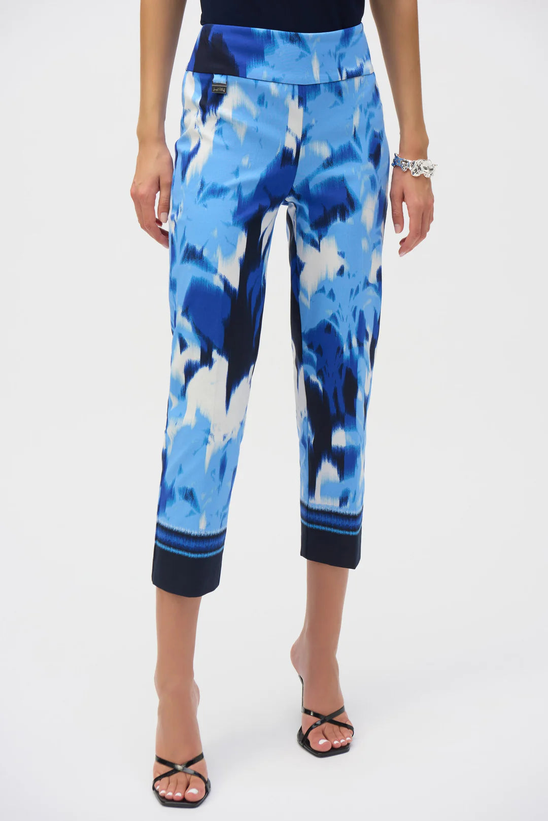 Joseph Ribkoff Blue/Vanilla Tropical Print Cropped Pull-On Pants Style 252229 1