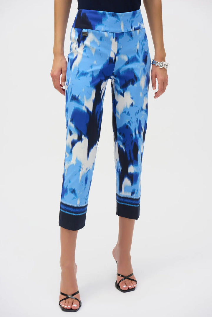 Joseph Ribkoff Blue/Vanilla Tropical Print Cropped Pull-On Pants Style 252229 1