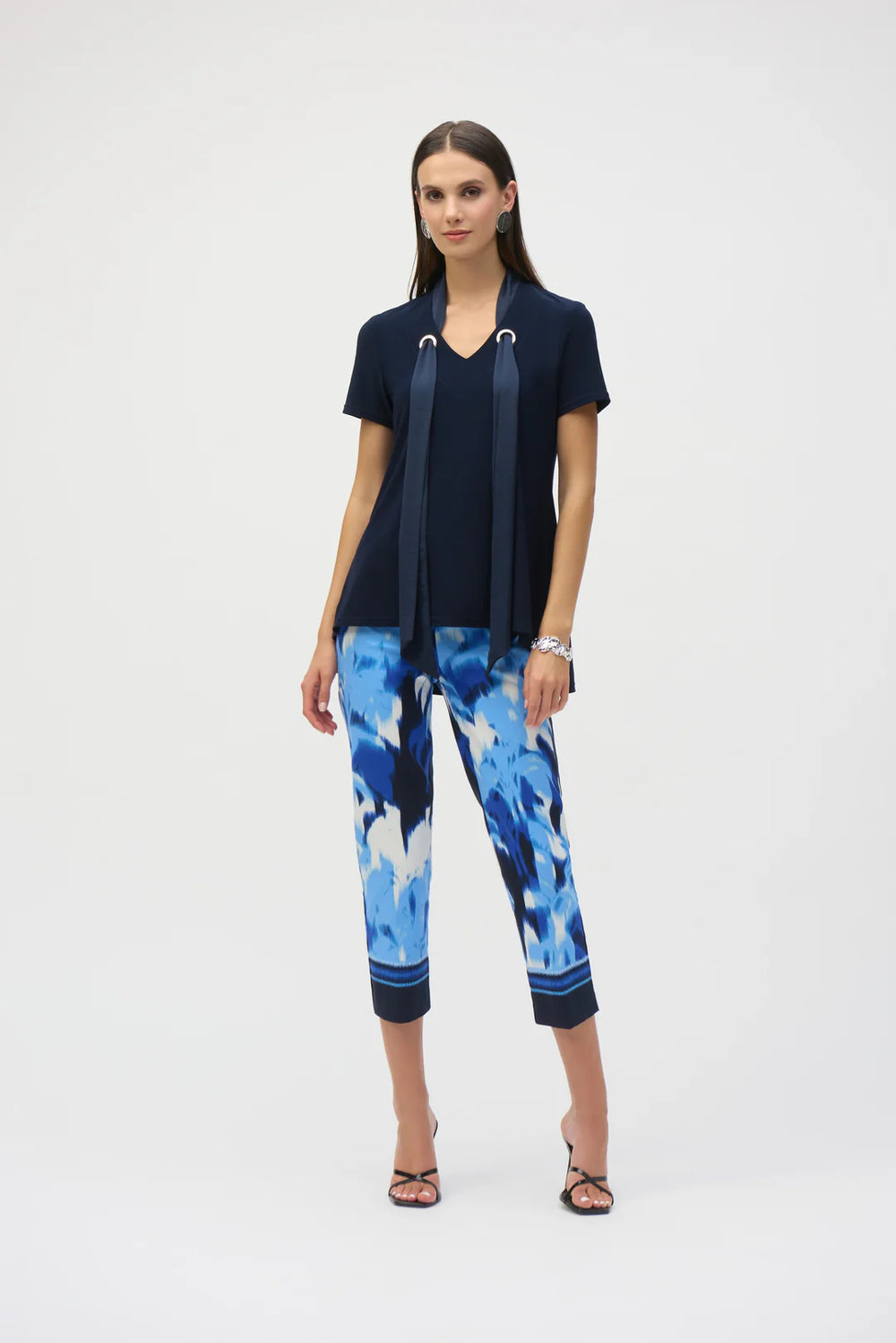 Joseph Ribkoff Blue/Vanilla Tropical Print Cropped Pull-On Pants Style 252229 2