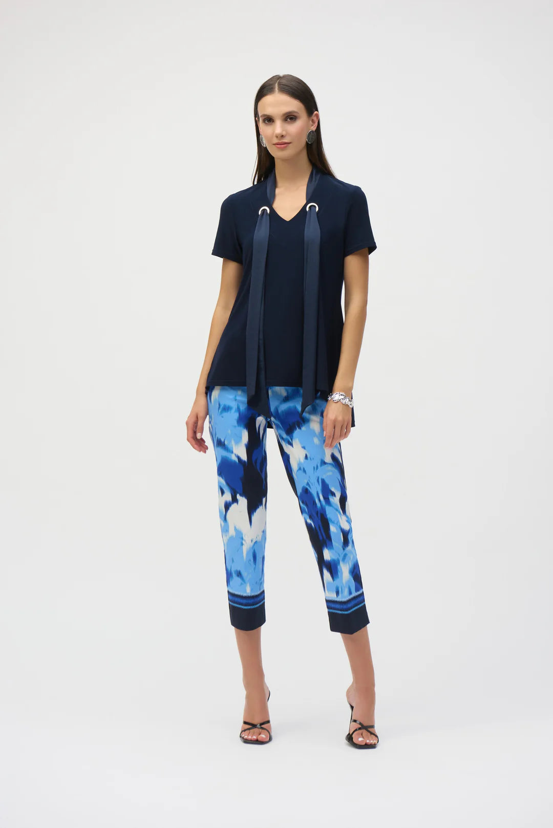 Joseph Ribkoff Blue/Vanilla Tropical Print Cropped Pull-On Pants Style 252229 2