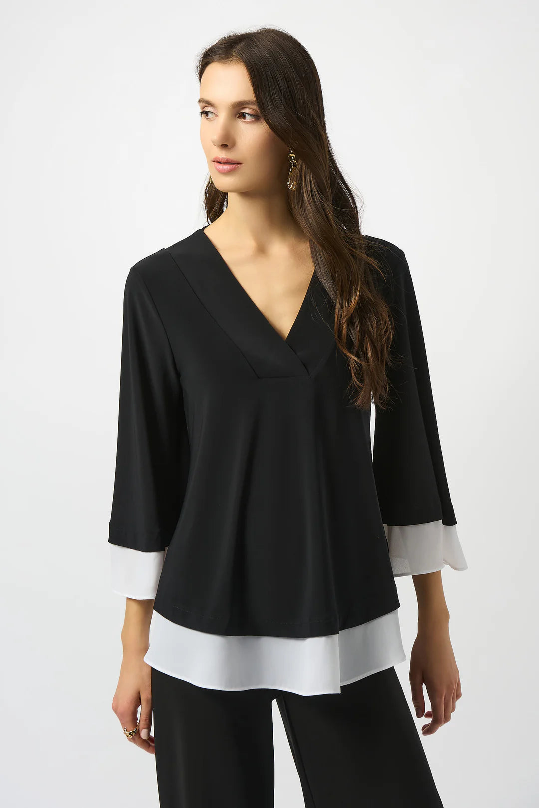 Joseph Ribkoff Black/Off White Silky Knit & Georgette Color Block Flared Top Style 253082 1