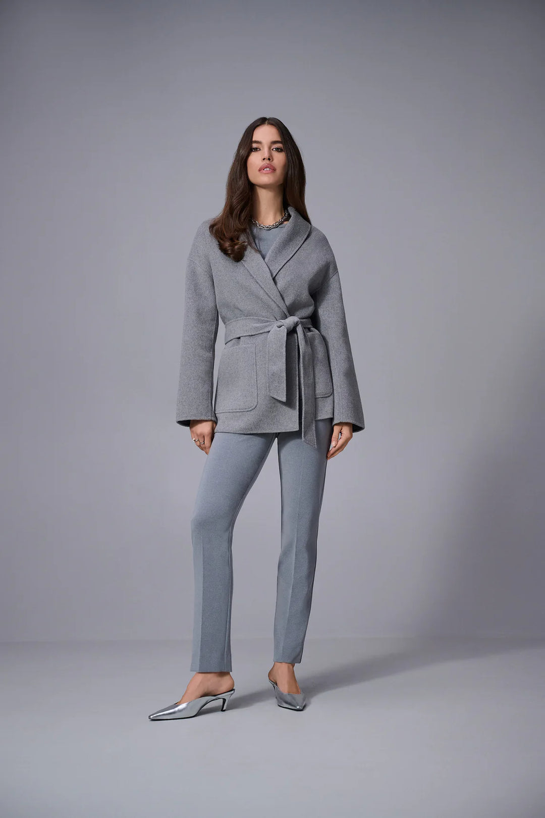 Joseph Ribkoff Grey Melange Silky Knit Straight Leg Pull-On Pants Style 253295    1