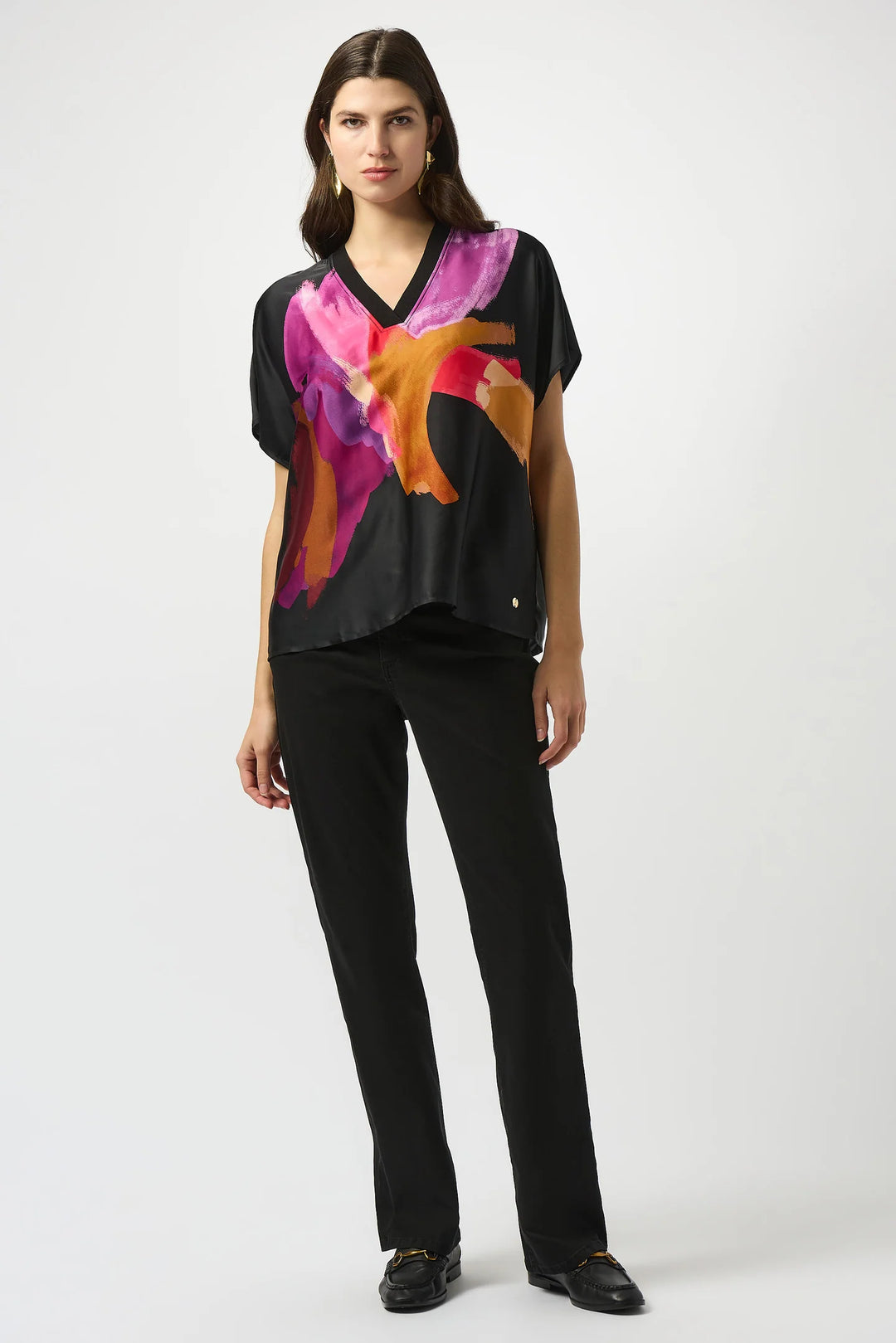 Black/Multi Abstract Print Boxy Top with Rib Trim Style 253922 2