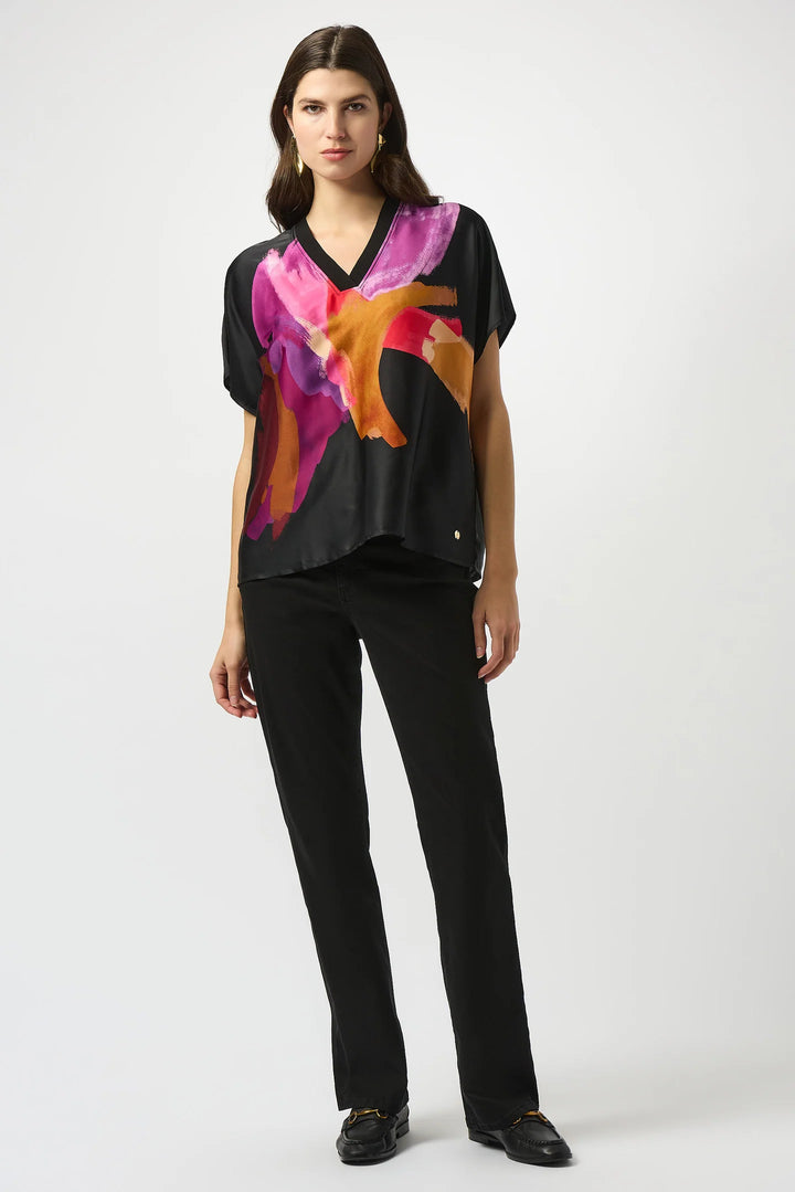 Black/Multi Abstract Print Boxy Top with Rib Trim Style 253922 2