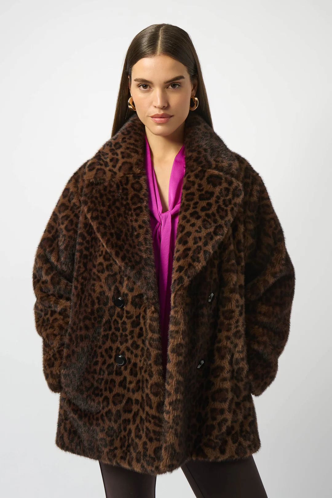 Joseph Ribkoff Faux Fur Leopard Print Double-Breasted Coat Style 253937 2