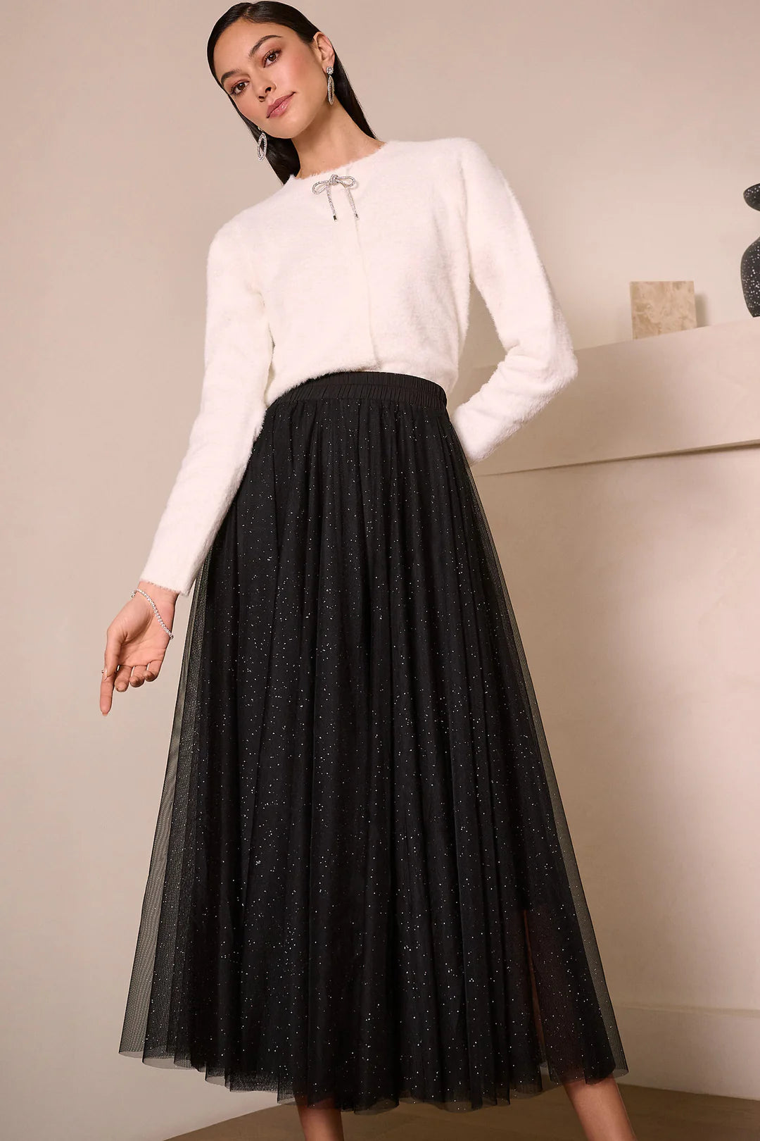 Joseph Ribkoff Cardigan with Rhinestone Bow Style 254955 Winter White 1