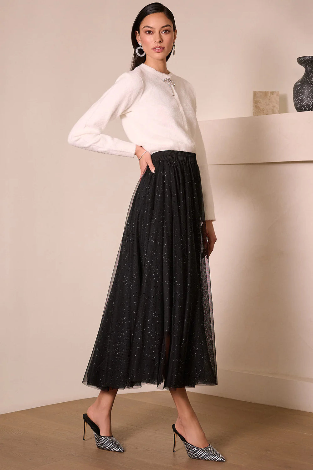 Joseph Ribkoff Cardigan with Rhinestone Bow Style 254955 Winter White 2