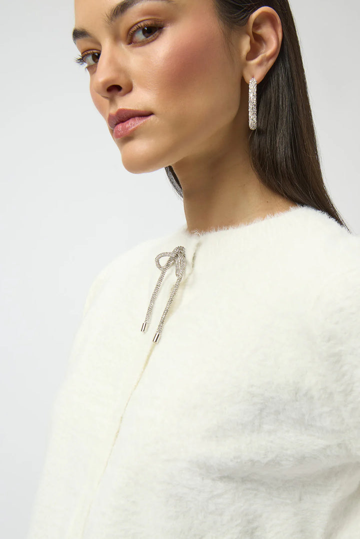 Joseph Ribkoff Cardigan with Rhinestone Bow Style 254955 Winter White 6