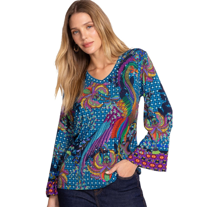 Johnny Was Janie Favorite Thalassa Kimono Peacock Floral Tee Shirt Blue Top 1