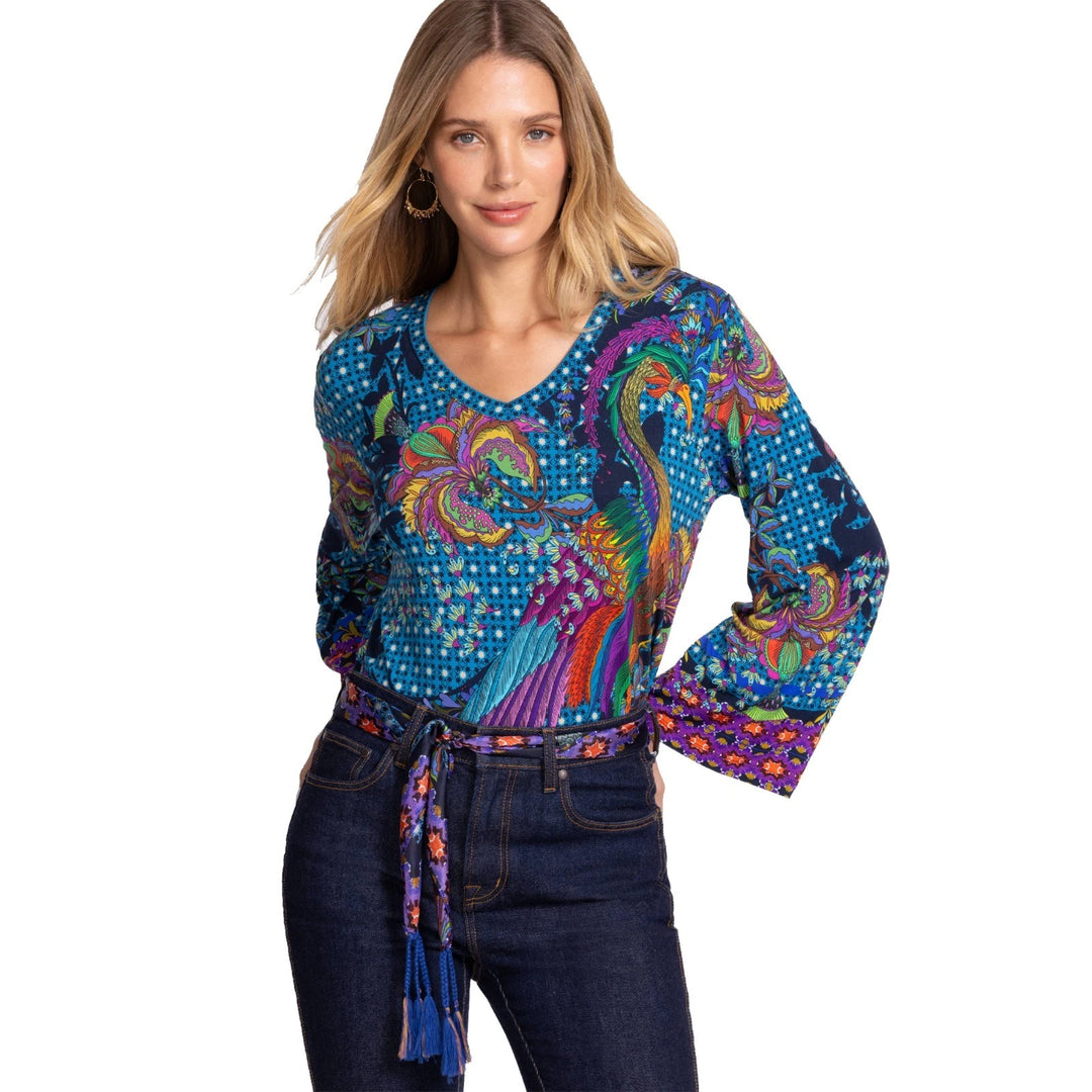Kimono Peacock Floral Tee Shirt Blue Top 3