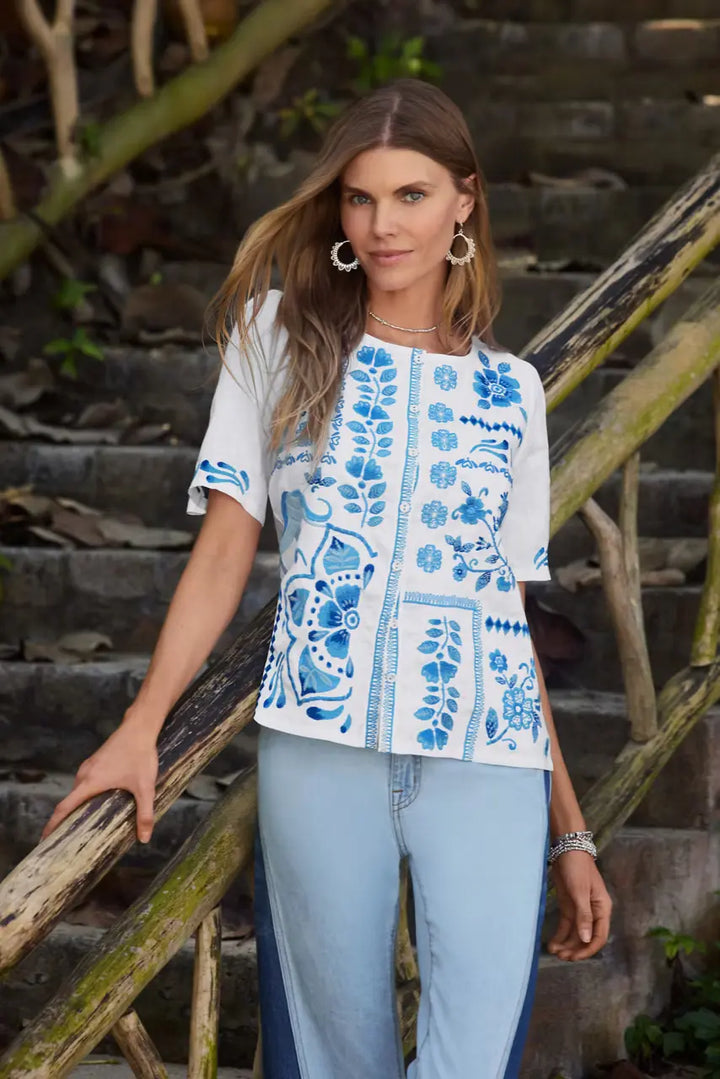 Johnny Was Linen Flutter Sleeve Blouse - Yadira 1