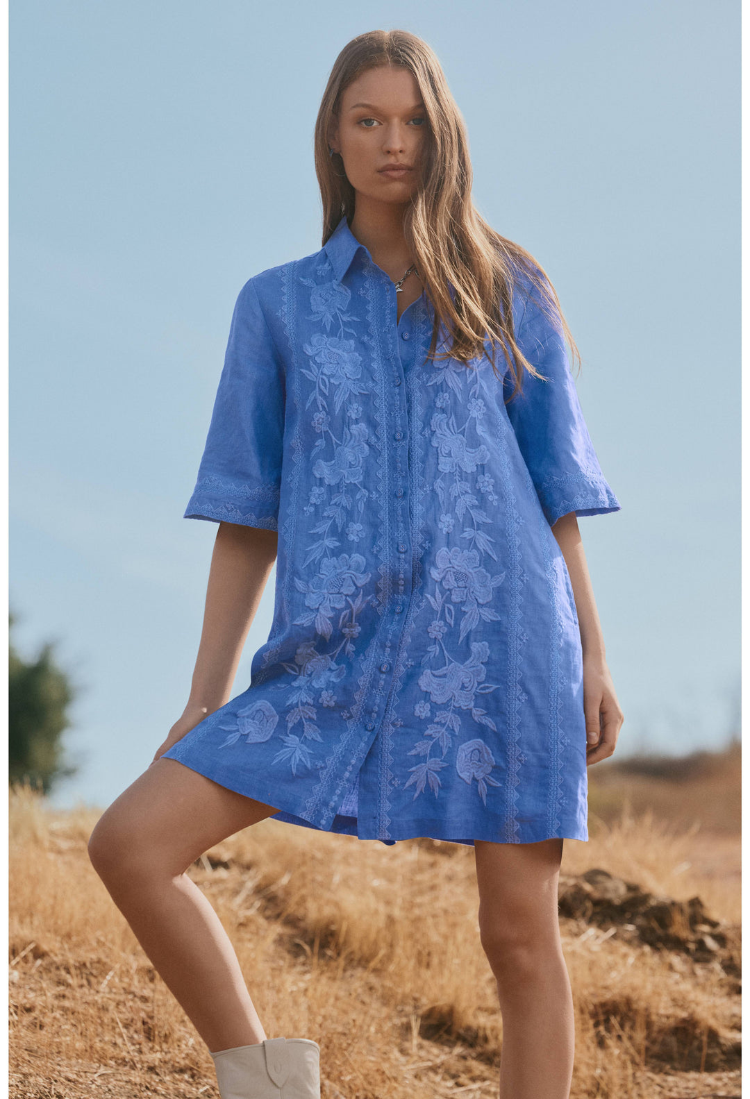 Johnny Was Kimono Sleeve Linen Shirt Dress 1